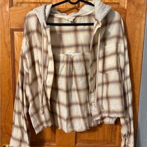Aeropostale Cream and Brown Plaid Shirt with Hood